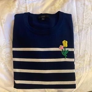 JCrew long sleeve crew neck striped navy sweater with crocheted floral appliqué